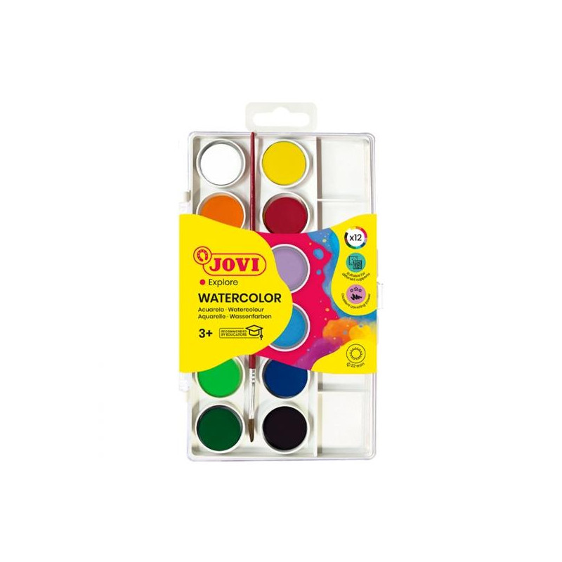 (800/12) JOVI ACUARELAS EN PASTILLAS 22MM CON PINCEL COLORES SURTIDOS ESTUCHE 12 UD