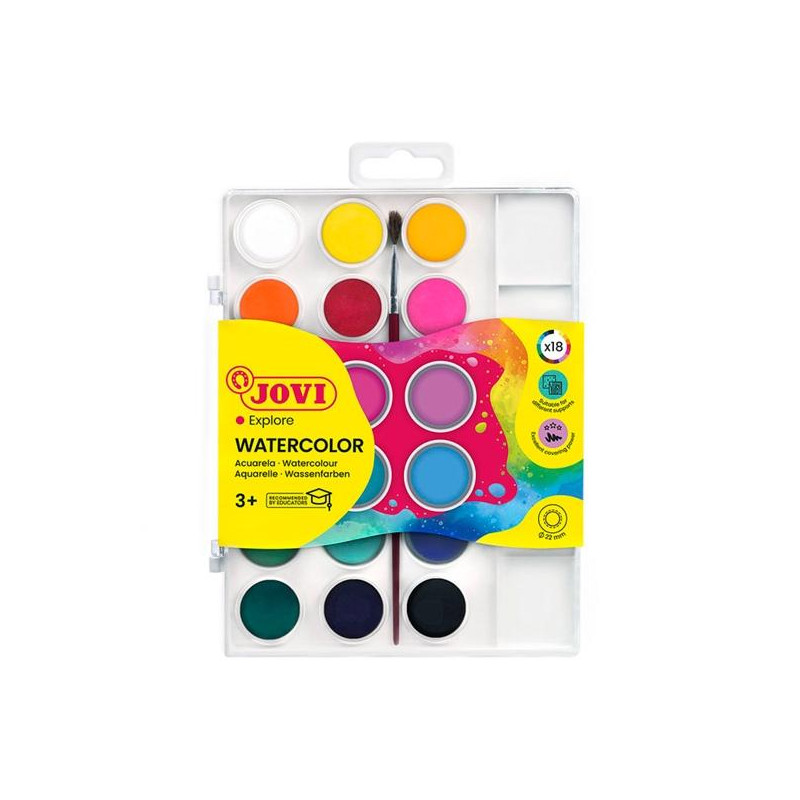 (800/18) JOVI ACUARELAS EN PASTILLAS 22MM CON PINCEL COLORES SURTIDOS ESTUCHE 18 UD