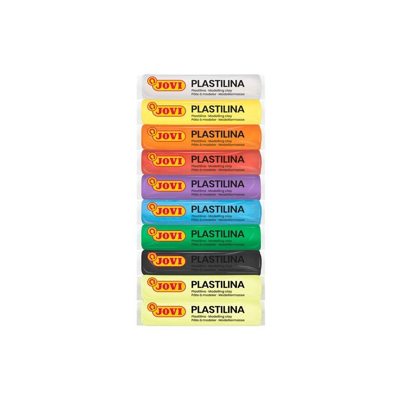 (90/10G) JOVI PLASTILINA BARRA 15GR 8 COLORES BÁSICOS + 2 FLUORESCENTES ESTUCHE 10 UD