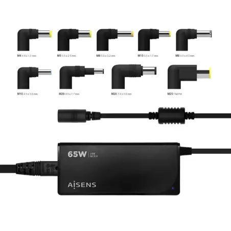 (ASLC-65WAUTO-BK) AISENS CARGADOR UNIVERSAL MULTITENSION PARA PORTATIL 65W AUTOMATICO CON 9 CONECTORES + USB-A QC.3.0