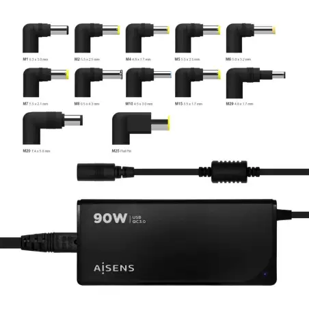 (ASLC-90WAUTO-BK) AISENS CARGADOR UNIVERSAL MULTITENSION PARA PORTATIL 90W AUTOMATICO CON 12 CONECTORES + USB-A QC.3.0