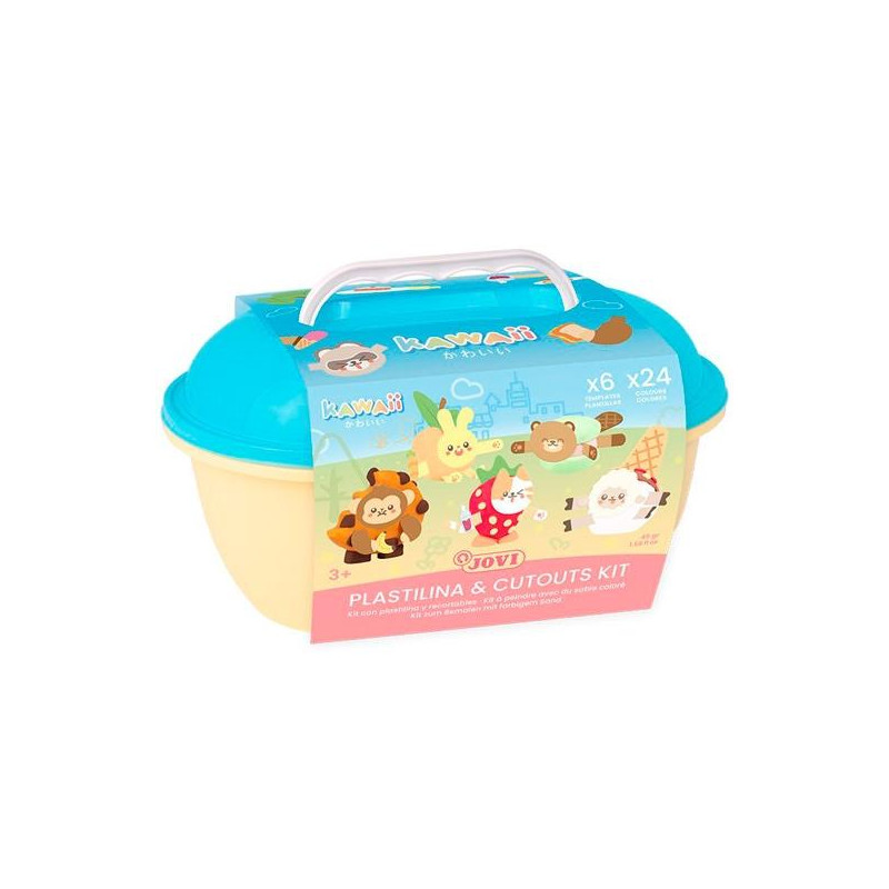 (KW2203) JOVI COFRE KAWAII 24 PASTILLAS PLASTILINA 15GR + TROQUELADO0S + 3 ESPÁTULAS DE COLORES