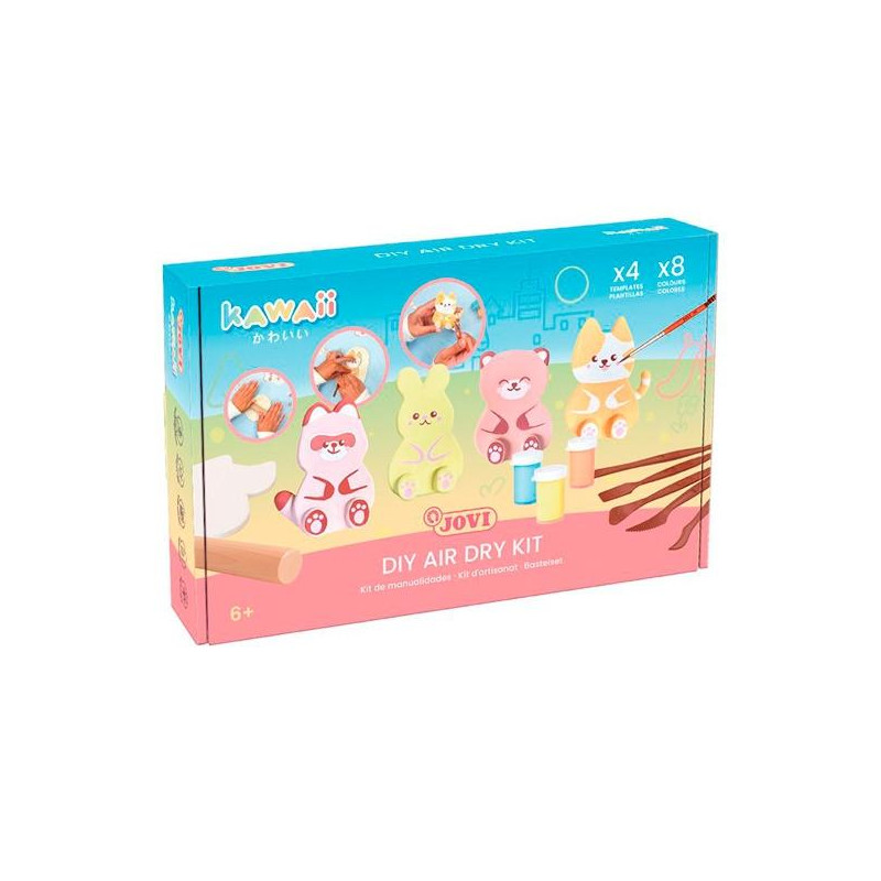 (KW2702) JOVI KIT KAWAII CON PASTA ENDURECIBLE AIR DRY 500GR + 4 PLANTILLAS + PINTURAS + COMPLEMENTOS