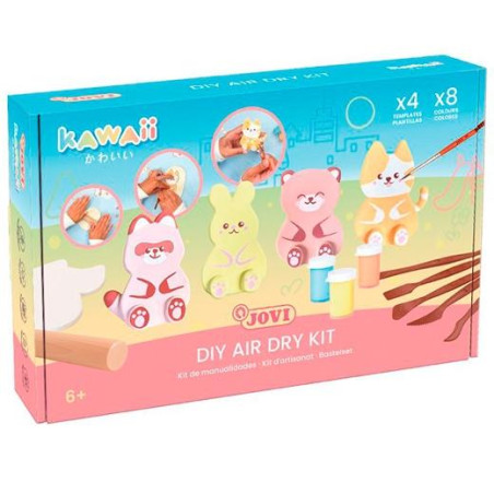 (KW2702) JOVI KIT KAWAII CON PASTA ENDURECIBLE AIR DRY 500GR + 4 PLANTILLAS + PINTURAS + COMPLEMENTOS
