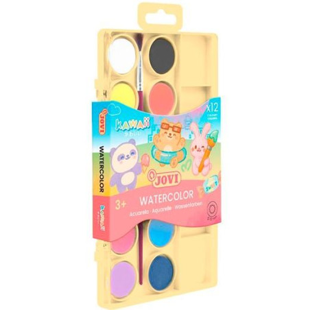 (KW800/12) JOVI ACUARELAS KAWAII EN PASTILLAS 22MM CON PINCEL C/SURTIDOS ESTUCHE 12 UD