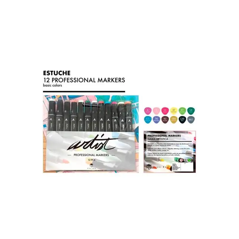 (AB-0712) ALEX BOG ROTULADORES GAMA ARTIST DOBLE PUNTA FINA/BISELADA C/SURTIDOS BÁSICOS ESTUCHE 12 UD