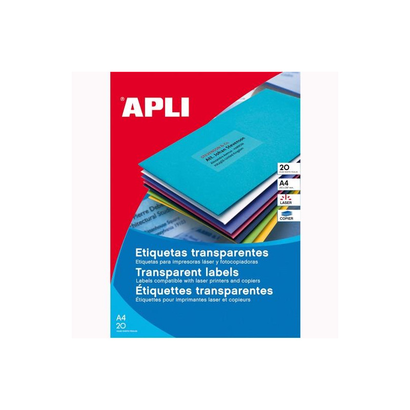 (01225) APLI ETIQUETAS ADHESIVAS 210X297MM LÁSER C/RECTOS 1 X 20H POLIÉSTER TRANSPARENTE