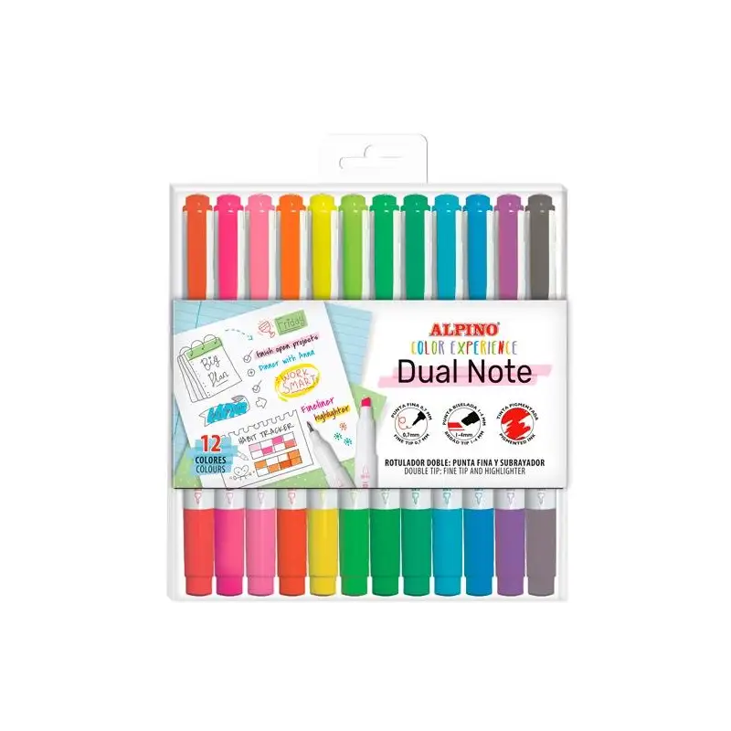(AR001142) ALPINO ROTULADORES DUAL NOTE PUNTA FINA Y PUNTA BISELADA C/SURTIDOS ESTUCHE 12 UD
