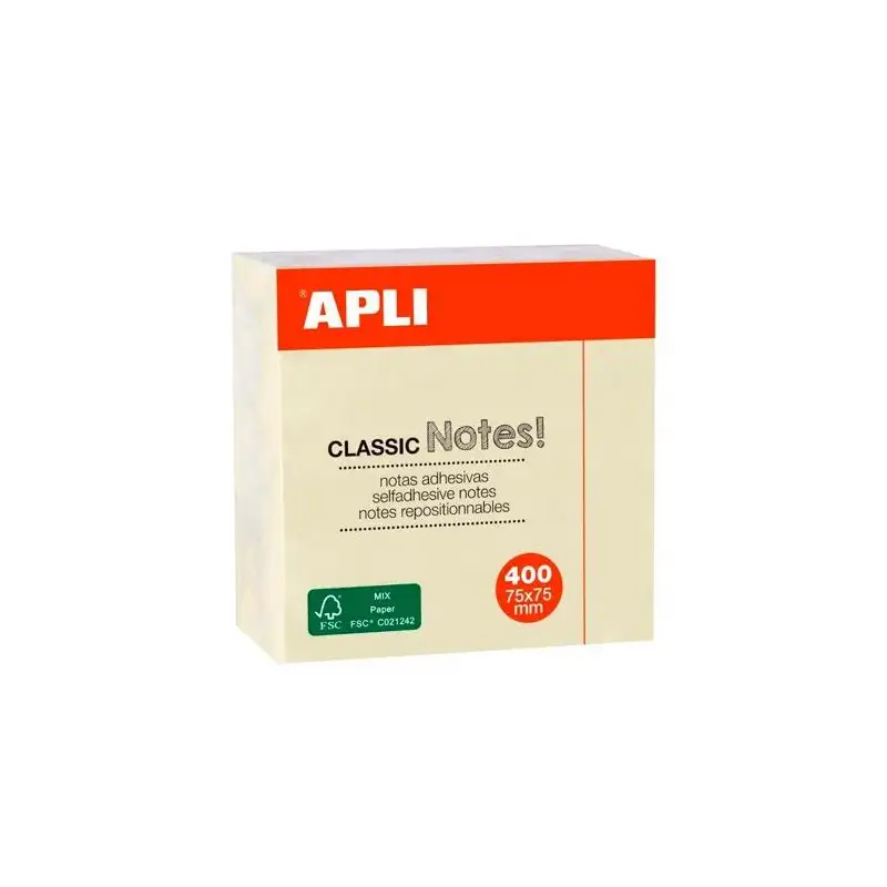 (11597) APLI NOTAS ADHESIVAS CLASSIC 75X75MM CUBO DE 400H AMARILLO