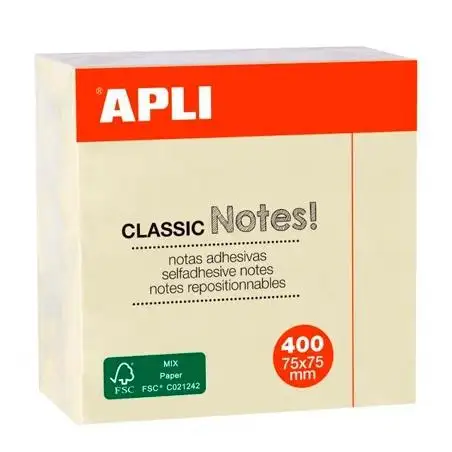 (11597) APLI NOTAS ADHESIVAS CLASSIC 75X75MM CUBO DE 400H AMARILLO