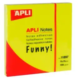(11897) APLI BLOC NOTAS ADHESIVAS FUNNY REPOSICIONABLES 100H 75X75 AMARILLO FLUORESCENTE PACK 12 UD