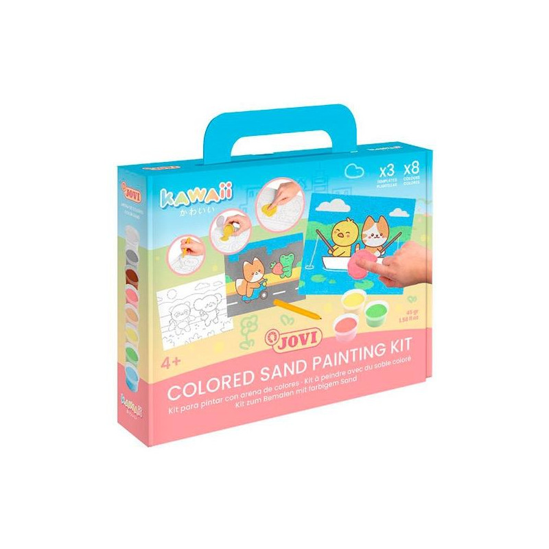 (KW2101) JOVI KIT KAWAII PINTA CON ARENA DE COLORES CON 8 BOTES 45GR SURTIDOS + 3 LÁMINAS + PUNZÓN