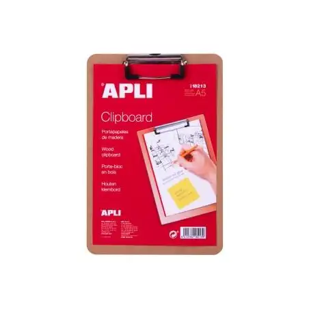 (18213) APLI CARPETA CON PINZA ALAMBRE SUPERIOR A5 BASE DE MADERA