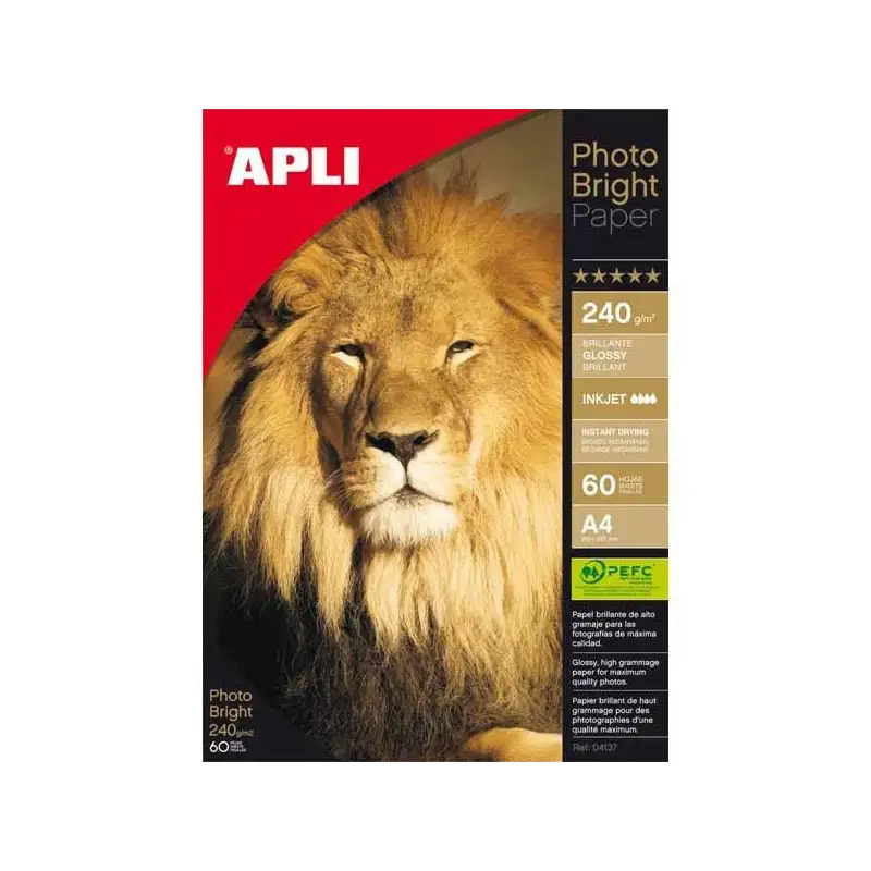 (04137) APLI PAPEL FOTOGRÁFICO PROFESIONAL PHOTO BRIGHT A4 240GR INKJET PAQUETE 60H BLANCO BRILLO