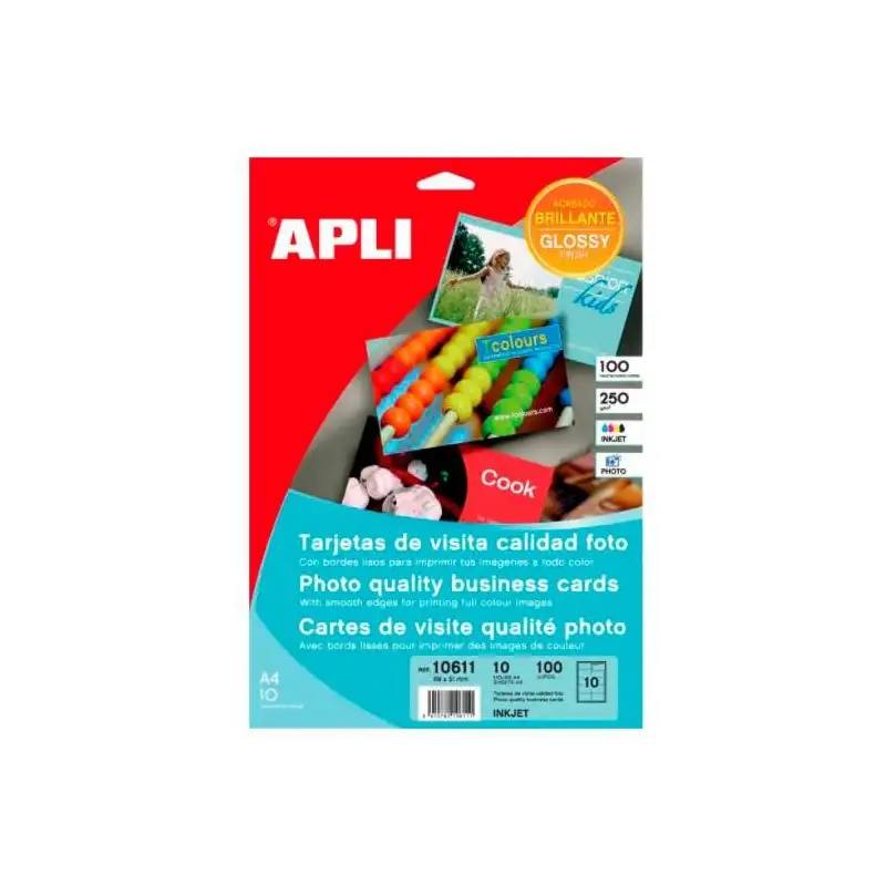 (10611) APLI TARJETAS DE VISITA CANTOS RECTOS 89X51MM 250G BLANCO BRILLANTE -10 HOJAS-