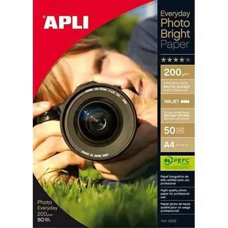 (12239) APLI PAPEL FOTOGRÁFICO EVERYDAY PHOTO BRIGHT A4 200GR INKJET PAQUETE 50H BLANCO BRILLO