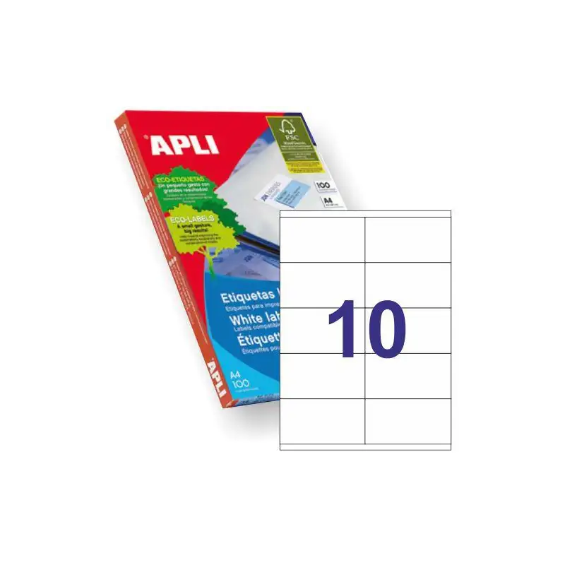 (01278) APLI ETIQUETAS ADHESIVAS 105X57MM INKJET/LÁSER C/RECTOS 10 X 100H BLANCO