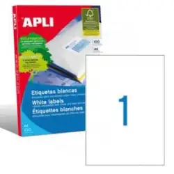 (01281) APLI ETIQUETAS ADHESIVAS 210X297MM INKJET/LÁSER C/RECTOS 1 X 100H BLANCO