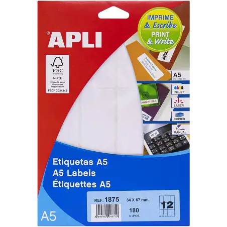 (01875) APLI ETIQUETAS ADHESIVAS 34X67MM MANUAL/IMPRESIÓN C/ROMOS 12 X 15H A5 BLANCO