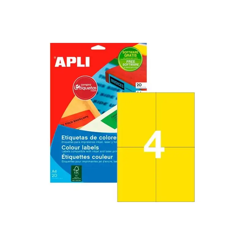 (12991) APLI ETIQUETAS ADHESIVAS 105X148MM INKJET/LÁSER C/RECTOS 4 X 20H AMARILLO