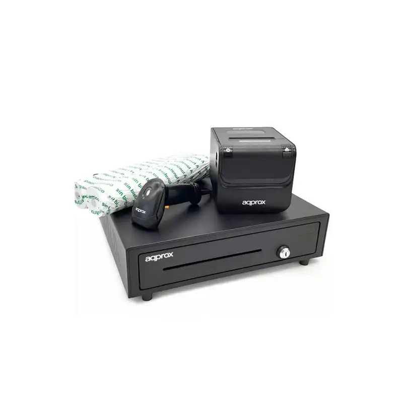 (APPPOSPACK4180) AQPROX KIT TPV CAJON PORTAMONEDAS NEGRO + LECTOR/SCANNER + IMPRESORA TERMICA + PACK ROLLOS PAPEL