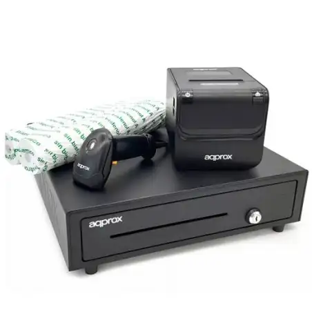 (APPPOSPACK4180) AQPROX KIT TPV CAJON PORTAMONEDAS NEGRO + LECTOR/SCANNER + IMPRESORA TERMICA + PACK ROLLOS PAPEL