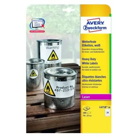 (L4718-20) AVERY ETIQUETAS ADHESIVAS EXTRA RESISTENTES 70X37MM LÁSER 24 X 20H POLIÉSTER BLANCO