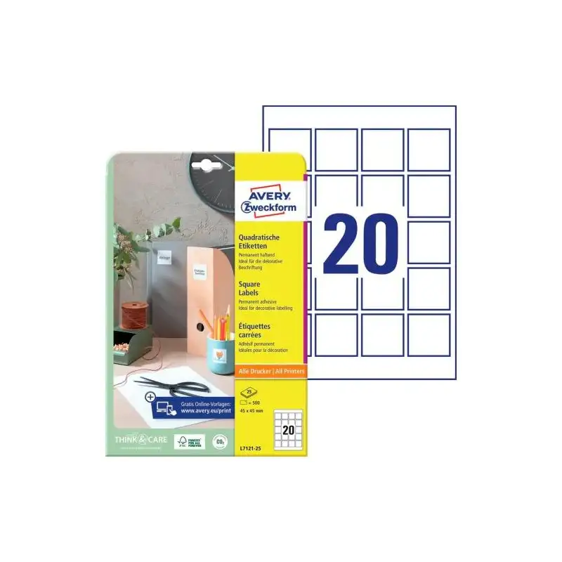 (L7121-25) AVERY ETIQUETAS ADHESIVAS PARA CÓDIGOS QR 45X45MM INKJET/LÁSER 20 X 25H BLANCO