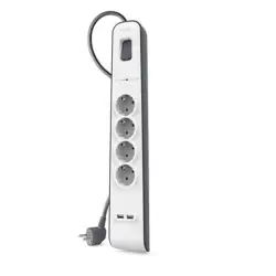 (BSV401VF2M-V2) BELKIN REGLETA DE PROTECCION CONTRA SOBRETENSIONES CON 4 TOMAS + 2 PUERTOS USB BOTÓN DE APAGADO Y ENCENDIDO 2...
