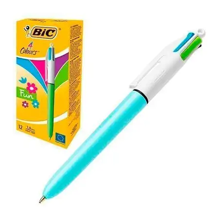 (982870) BIC BOLÍGRAFO 4 COLORES FUN PASTEL CUERPO BLANCO/AZUL CAJA 12 UD