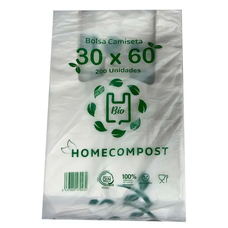 (70434) BOLSA DE CAMISETA 30X60CM COMPOSTABLE 14 MICRAS PAQUETE 200 UD