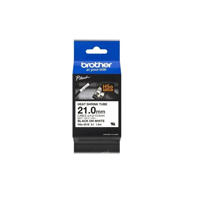 (HSE251E) BROTHER CINTA TUBO TERMORETRÁCTIL TEXTO NEGRO SOBRE BLANCO 21MMX1
