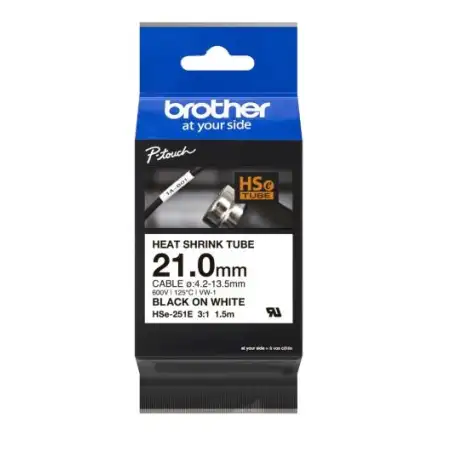 (HSE251E) BROTHER CINTA TUBO TERMORETRÁCTIL TEXTO NEGRO SOBRE BLANCO 21MMX1