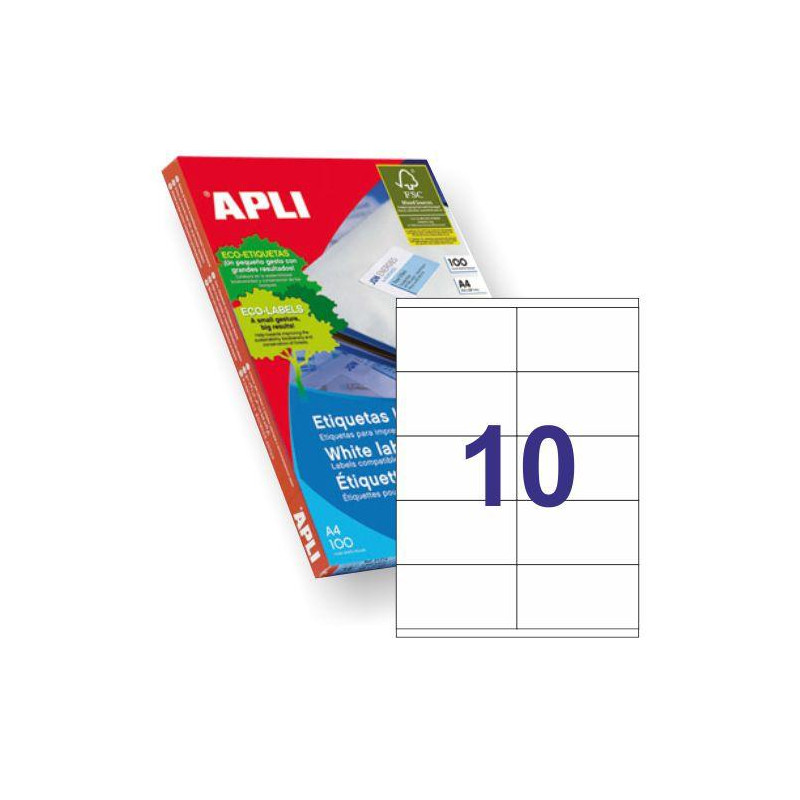 (01278) APLI ETIQUETAS ADHESIVAS 105X57MM INKJET/LÁSER C/RECTOS 10 X 100H BLANCO