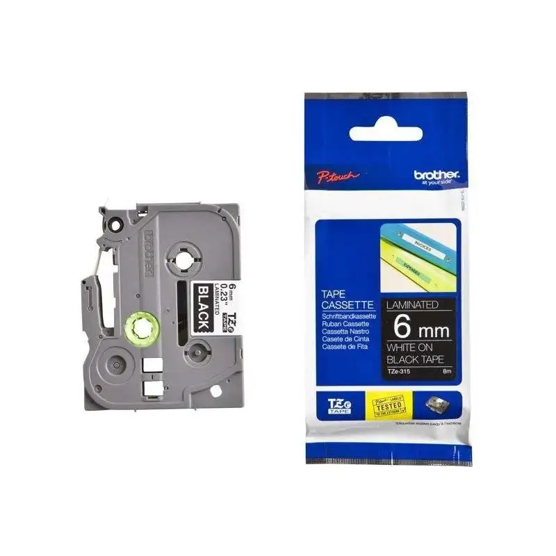 (TZE315) BROTHER CINTA ROTULADORA LAMINADA TEXTO BLANCO SOBRE NEGRO - 6MMX8M