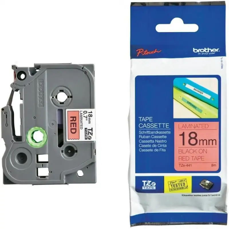 (TZE441) BROTHER CINTA ROTULADORA LAMINADA TEXTO NEGRO SOBRE ROJO - 18MMX8M