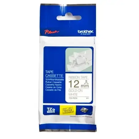 (TZER234) BROTHER CINTA ROTULADORA TELA SATINADA NO ADHESIVO TEXTO DORADO SOBRE TEJIDO BLANCO - 12MMX4M