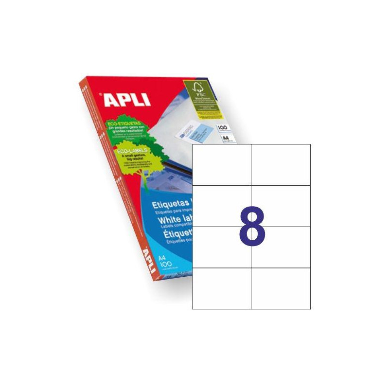 (01279) APLI ETIQUETAS ADHESIVAS 105X74MM INKJET/LÁSER C/RECTOS 8 X 100H BLANCO