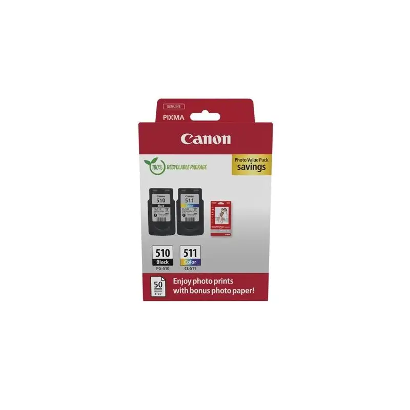 (2970B017) CANON TINTA ECOPACK BK+ C/M/Y + 50H PAPEL FOTOGRÁFICO 10X15 FOR PIXMA IP 2700 - MP 230/252/272/280/282/492/495/499...