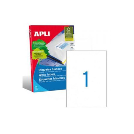 (01281) APLI ETIQUETAS ADHESIVAS 210X297MM INKJET/LÁSER C/RECTOS 1 X 100H BLANCO