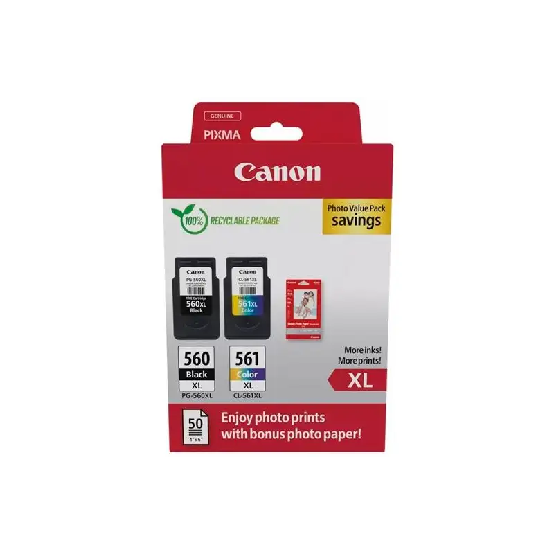 (3712C008) CANON TINTA ECOPACK BK+ C/M/Y + 50H PAPEL FOTOGRÁFICO 10X15 PARA PIXMA TS 5350/5351/5352/5353/7450 - PG 560XL + CL...