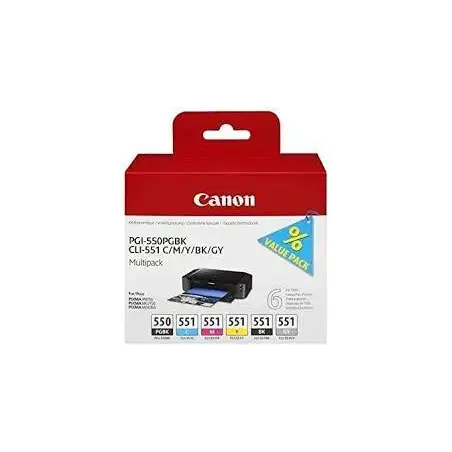 (6496B005) CANON TINTA MULTIPACKPACK PGBK+C/M/Y/BK/GY PIXMA IP 7240/7250 - PGI 550 + CLI 551 (PACK 6 COLORES)