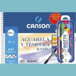 (C32500K012) CANSON BLOC ACUARELA Y TÉMPERA BASIK ESPIRAL 10 HOJAS + 12 ACUERLAS MINI + PINCEL GRATIS 370GR 23X32