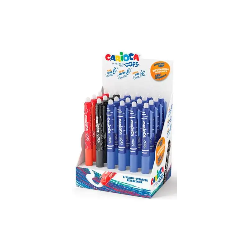 (43044) CARIOCA BOLÍGRAFO TINTA BORRABLE OPPS RETRÁCTIL 0.7MM COLORES SURTIDOS EXPOSITOR 24 UD