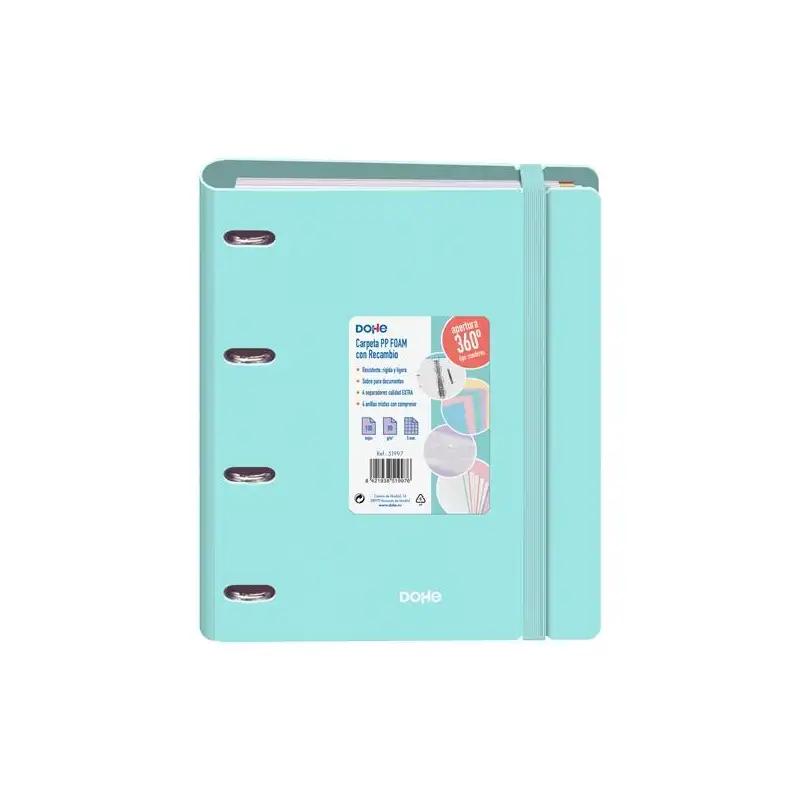 (51997) DOHE CARPETA ANILLAS MIXTAS 4X35MM RECAMBIO A4 100H 5X5MM 90GR 4 SEPARADORES POLYFOAM VERDE PASTEL