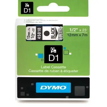 (S0720500) DYMO CINTA DE TRANSFERENCIA TERMICA D1 45010. ETIQUETAS ESTÁNDAR NEGRO SOBRE TRANSPARENTE DE 12MMX7M. POLIESTER AU...