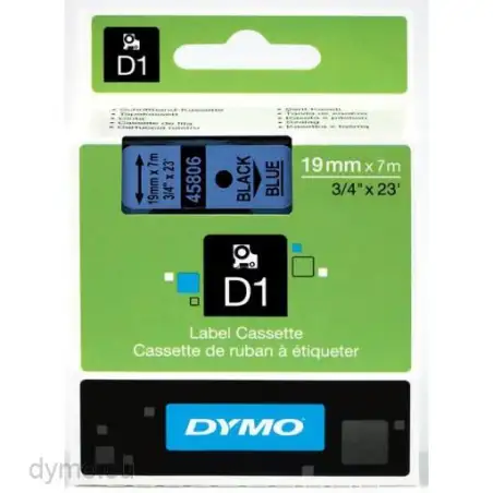 (S0720860) DYMO CINTA DE TRANSFERENCIA TÉRMICA D1 45806. ETIQUETAS ESTÁNDAR NEGRO SOBRE AZUL DE 19MMX7M. POLIESTER AUTOADHESI...