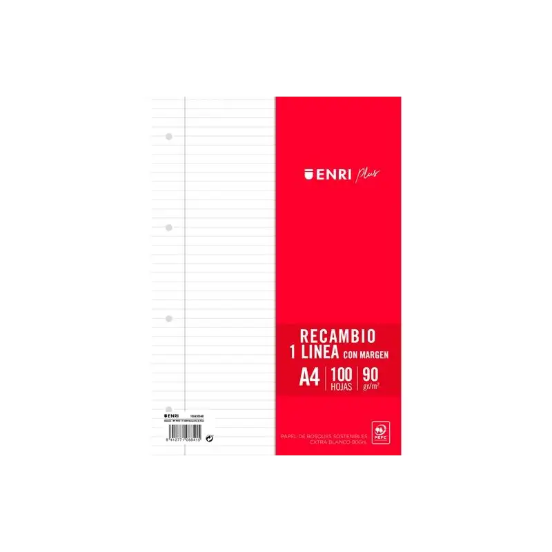 (400173749) ENRI RECAMBIO PLUS 100H A4 90GR 1 LÍNEA C/MARGEN 4 TALADROS BLANCO
