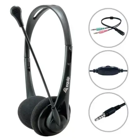 (245302) EQUIP AURICULARES ESTÉREO JACK 3.5MM ULTRALIGEROS CON MICRÓFONO FLEXIBLE AJUSTABLE NEGRO
