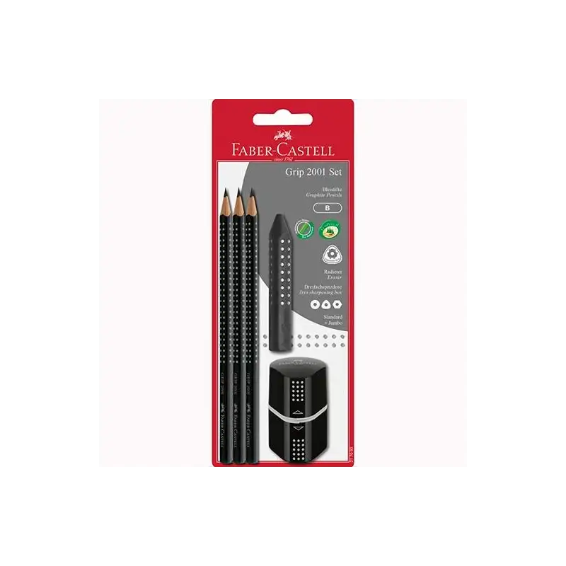 (217093) FABER CASTELL SET 2001 GRIP 3 LÁPICES DE GRAFITO + GOMA + SACAPUNTAS NEGRO EN BLISTER